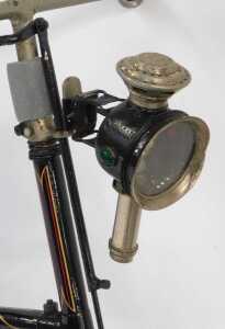 A late 19thC bicycle, the later black, gold and red painted frame with turned wooden capped... - 3