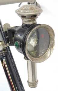 A late 19thC bicycle, the later black, gold and red painted frame with turned wooden capped... - 4