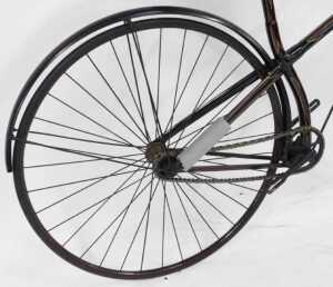 A late 19thC bicycle, the later black, gold and red painted frame with turned wooden capped... - 7