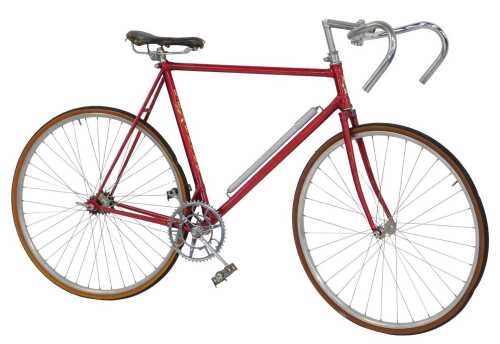 An EB Flyer red framed bicycle, with chrome handlebars, and a Lycett leather seat, on single...