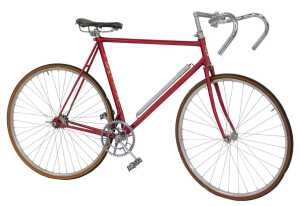 An EB Flyer red framed bicycle, with chrome handlebars, and a Lycett leather seat, on single...