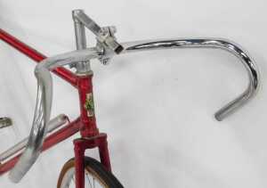An EB Flyer red framed bicycle, with chrome handlebars, and a Lycett leather seat, on single... - 3