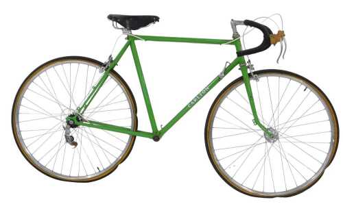 A Carlton Cycles bicycle, the lime green frame with crest and advertising, with bound handlebars,...
