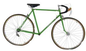 A Carlton Cycles bicycle, the lime green frame with crest and advertising, with bound handlebars,...