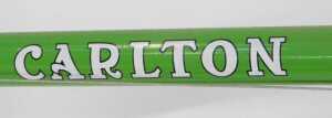 A Carlton Cycles bicycle, the lime green frame with crest and advertising, with bound handlebars,... - 4