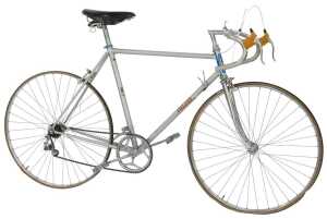 A Frejus Campagnolo Italian bicycle, the silvered frame with crest and advertising, with chrome...