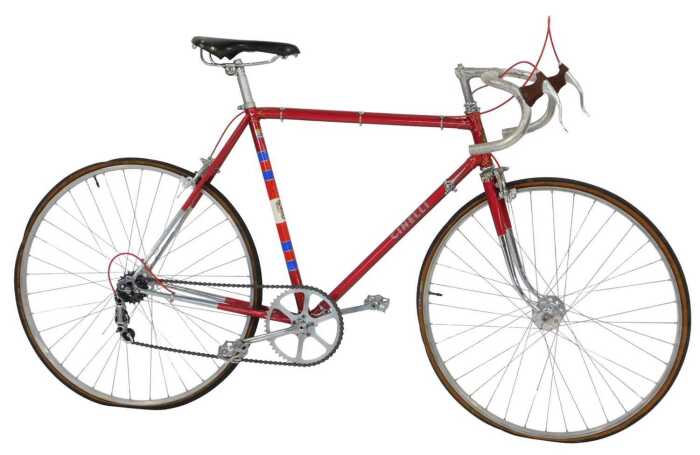 A Cinelli bicycle, the Columbus red painted frame with Primo chrome handlebars, Universal brakes,...
