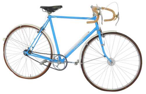 A Carlton bicycle, the pale blue frame with chrome Pivo handlebars, and a Brooks leather seat,...
