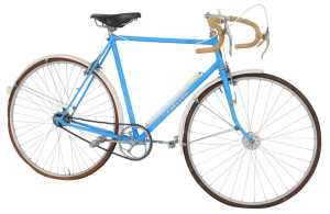 A Carlton bicycle, the pale blue frame with chrome Pivo handlebars, and a Brooks leather seat,...