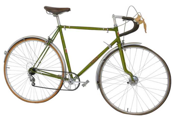 A Bates bicycle, with a Reynolds 531 green frame with applied advertising, chrome handlebars and...