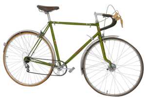 A Bates bicycle, with a Reynolds 531 green frame with applied advertising, chrome handlebars and...