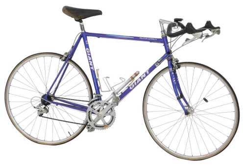A Giant Peloton Super Light bicycle, the purple Giant Cro-moly frame with three TTT chrome...