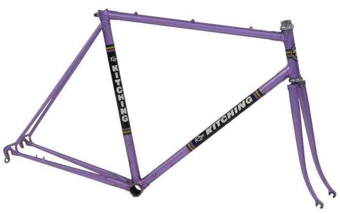 A Ron Kitching bicycle frame and fork set, purple with Ron Kitching transfers.