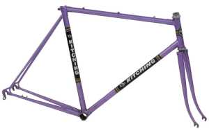 A Ron Kitching bicycle frame and fork set, purple with Ron Kitching transfers.