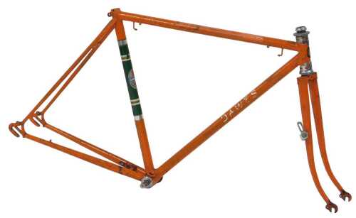 A Dawes Star Celeste bicycle frame and fork set, with polished ornate head set lugs, orange,...