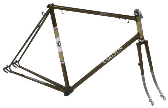 A Carlton Criterium bicycle frame and fork set, bronze and gold frame, with chromed fork and...