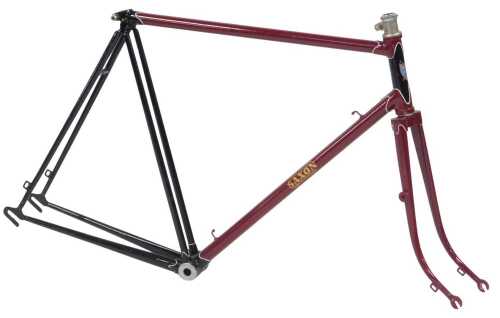 A Saxon Cycles twin tubed bicycle frame and fork set, red and black frame with white piping to...