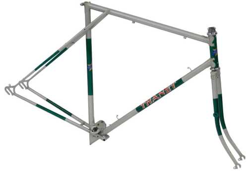 A Les Cassell Silverlight Thanet bicycle frame and fork set, silver and green with applied decals.