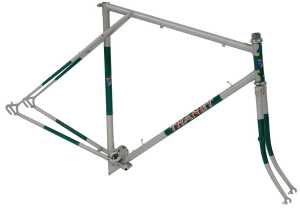 A Les Cassell Silverlight Thanet bicycle frame and fork set, silver and green with applied decals.