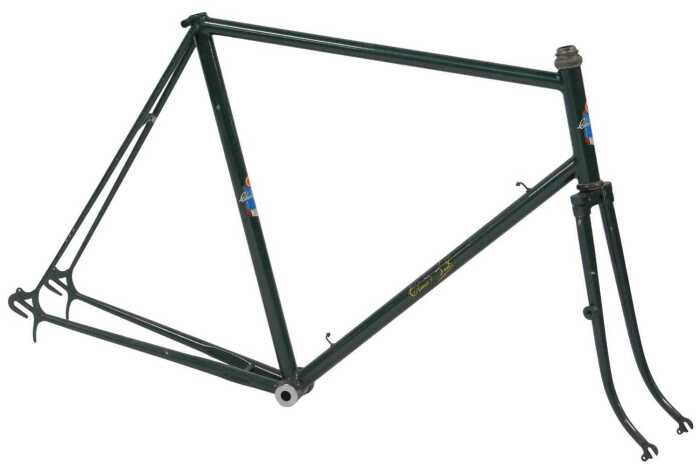 A Claude Butler bicycle frame and fork set, green with applied decals.