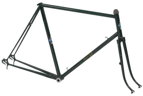 A Claude Butler bicycle frame and fork set, green with applied decals.