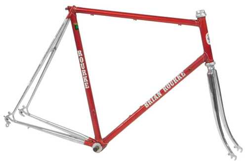 A Brian Rourke bicycle frame and fork set, constructed from Reynolds 531 tubing, red with gold...