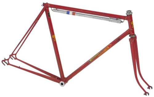 A Whittaker and Mapplebeck bicycle frame and fork set, constructed from Reynolds 531 tubing, red...