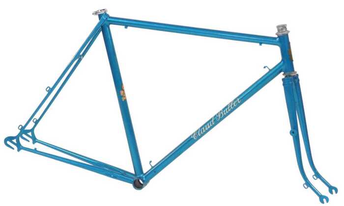 A Claud Butler bicycle frame and fork set, with brass Claud Butler head badge, turquoise blue,...