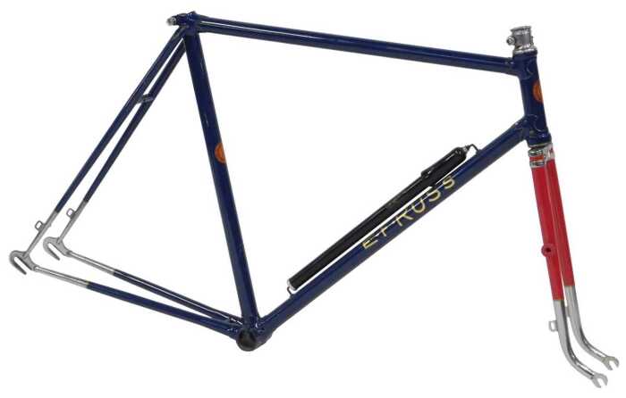 An EF Russ of 99 Battersea Rise London bicycle frame and fork set, with ornate lugs, blue with...