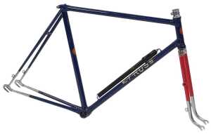 An EF Russ of 99 Battersea Rise London bicycle frame and fork set, with ornate lugs, blue with...