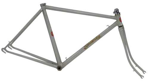 A Granby bicycle frame and fork set, grey with applied decals.