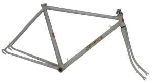 A Granby bicycle frame and fork set, grey with applied decals.