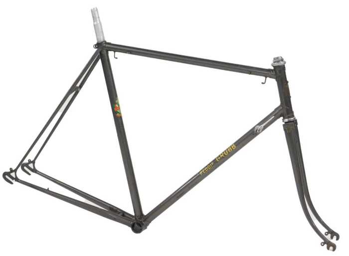 A Freddie Grubb of London bicycle frame and fork set, grey with gold accents and applied decals,...