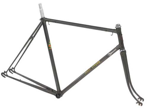 A Freddie Grubb of London bicycle frame and fork set, grey with gold accents and applied decals,...