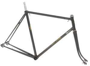 A Freddie Grubb of London bicycle frame and fork set, grey with gold accents and applied decals,...