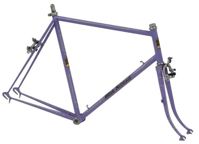 A Hobbs Blue Ribband bicycle frame and fork set, lilac with applied decals and white detailing,...