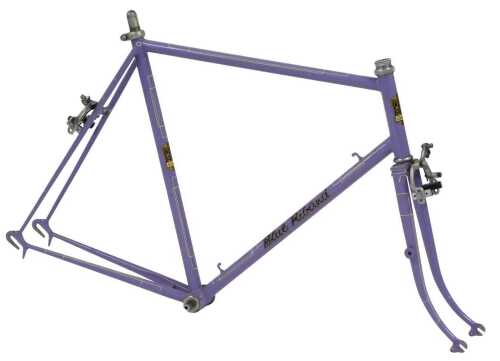 A Hobbs Blue Ribband bicycle frame and fork set, lilac with applied decals and white detailing,...