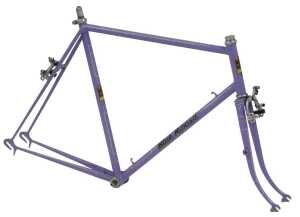 A Hobbs Blue Ribband bicycle frame and fork set, lilac with applied decals and white detailing,...