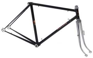 An Andy Bone Paragon bicycle frame and fork set, with intricate lugs, black with chromed fork...