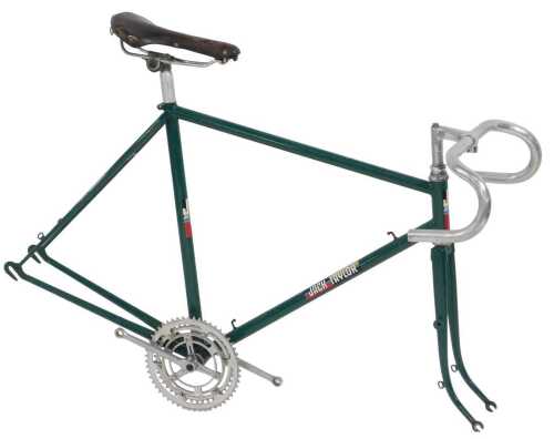 A Jack Taylor bicycle frame and fork set, green with GB handlebars, a Lycett leather seat and...