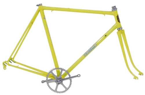 A Fiorelli of Novi Ligure, Italy bicycle frame and fork set, in Day Glow yellow with applied...