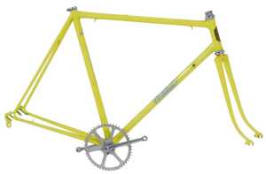 A Fiorelli of Novi Ligure, Italy bicycle frame and fork set, in Day Glow yellow with applied...