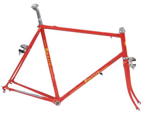 A Rossin bicycle frame and fork set, with Campagnolo headset, seat post and brakes, red with...