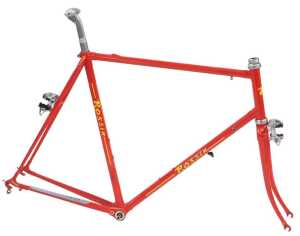 A Rossin bicycle frame and fork set, with Campagnolo headset, seat post and brakes, red with...