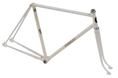 A Cinelli bicycle frame and fork set, with enamelled head badge, white with applied decals.