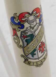 A Cinelli bicycle frame and fork set, with enamelled head badge, white with applied decals. - 4