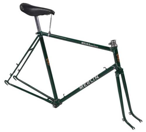 A Merlin Racing Cycles bicycle frame and fork set, green with shaped lugs and white detailing...