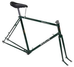 A Merlin Racing Cycles bicycle frame and fork set, green with shaped lugs and white detailing...