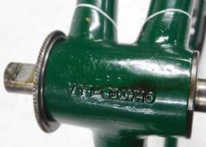 A Merlin Racing Cycles bicycle frame and fork set, green with shaped lugs and white detailing... - 7