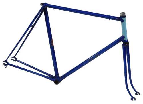 A Claud Butler bicycle frame and fork set, with shaped lugs, blue with turquoise head tube and...